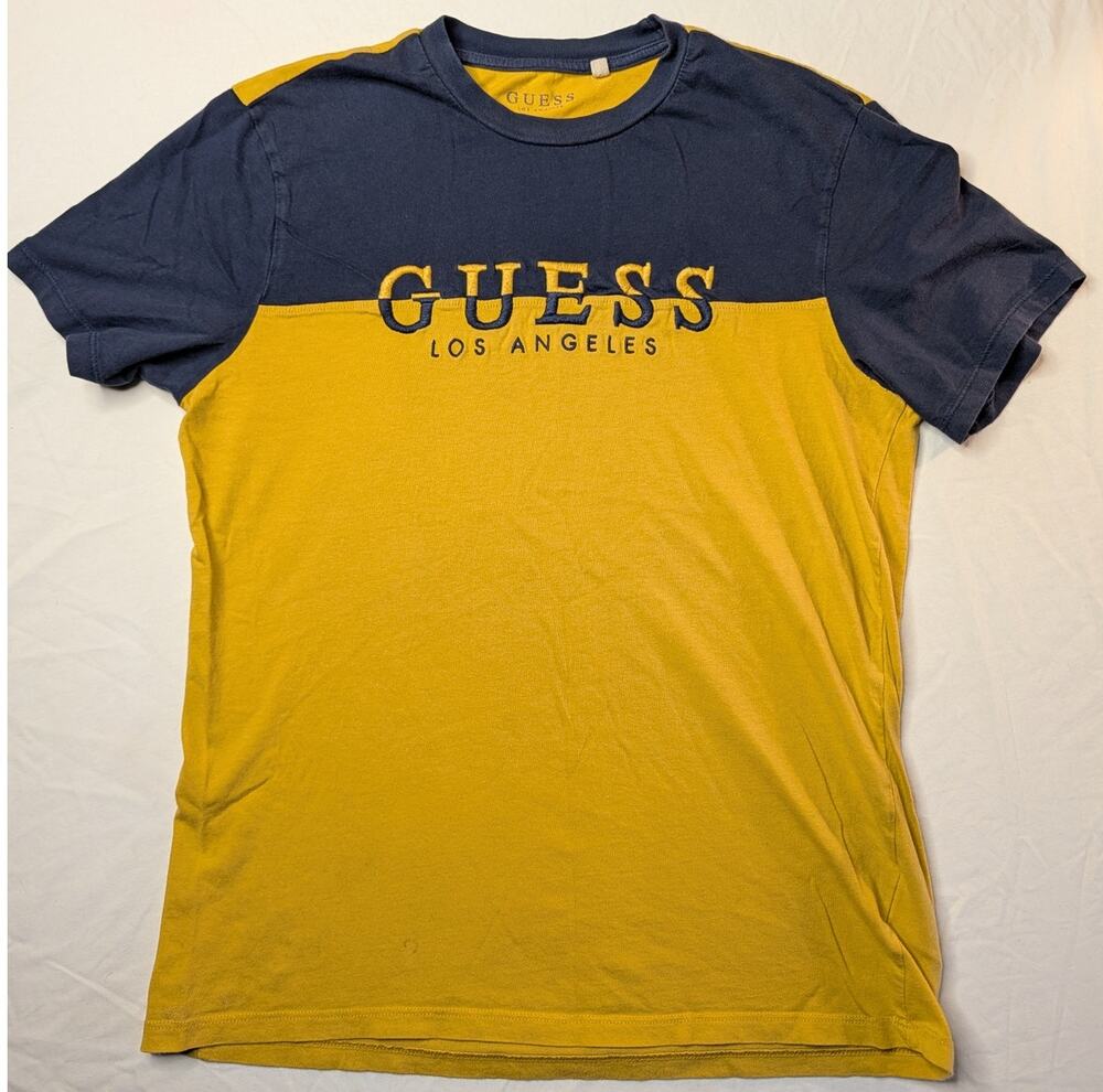 Guess Embroidered Graphic T-Shirt Color Block S Blue Yellow Streetwear Throwback